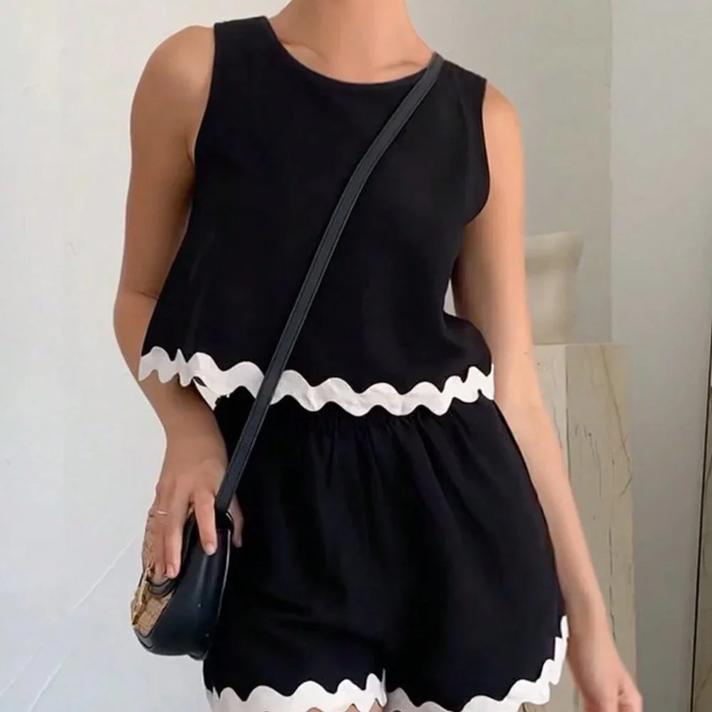 Black Casual Womens Colorblock Seashell Edge Weave Belt Detail Set - Picture 2 of 5